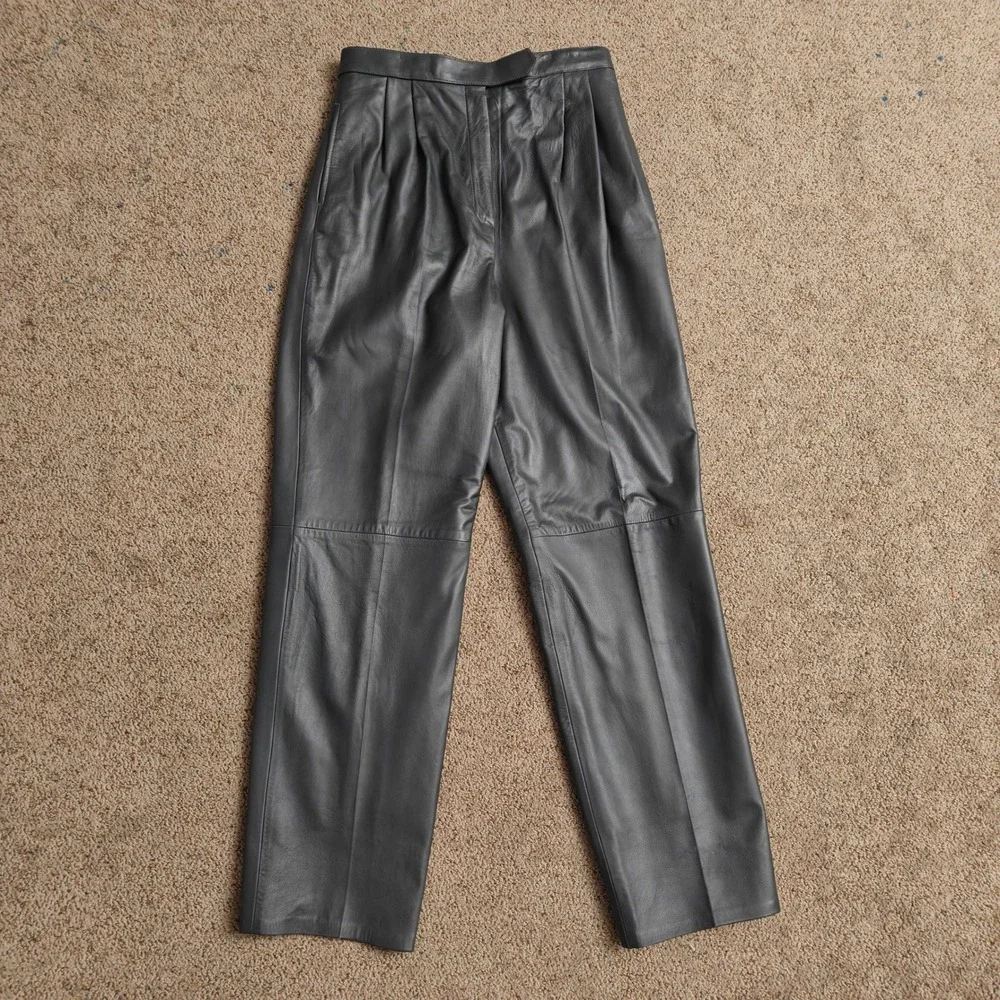 VTG West Bay Women Sz 14 Charcoal Gray Lamb Napa Leather‎ Pleated Trousers Pants